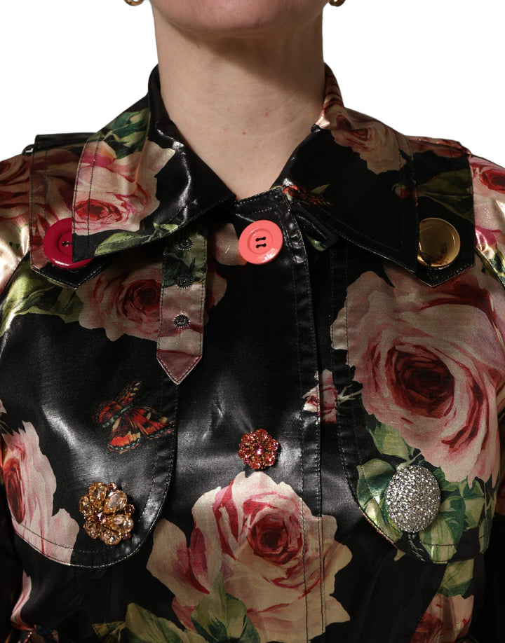 Dolce &amp; Gabbana Black Floral Belted Polyester Trench Coat Jacket