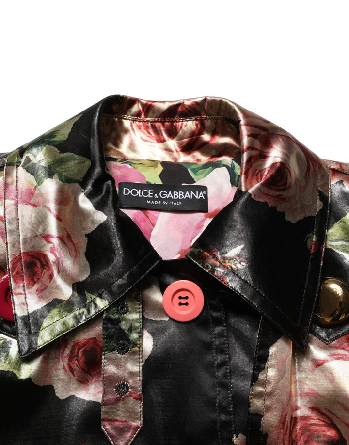Dolce &amp; Gabbana Black Floral Belted Polyester Trench Coat Jacket