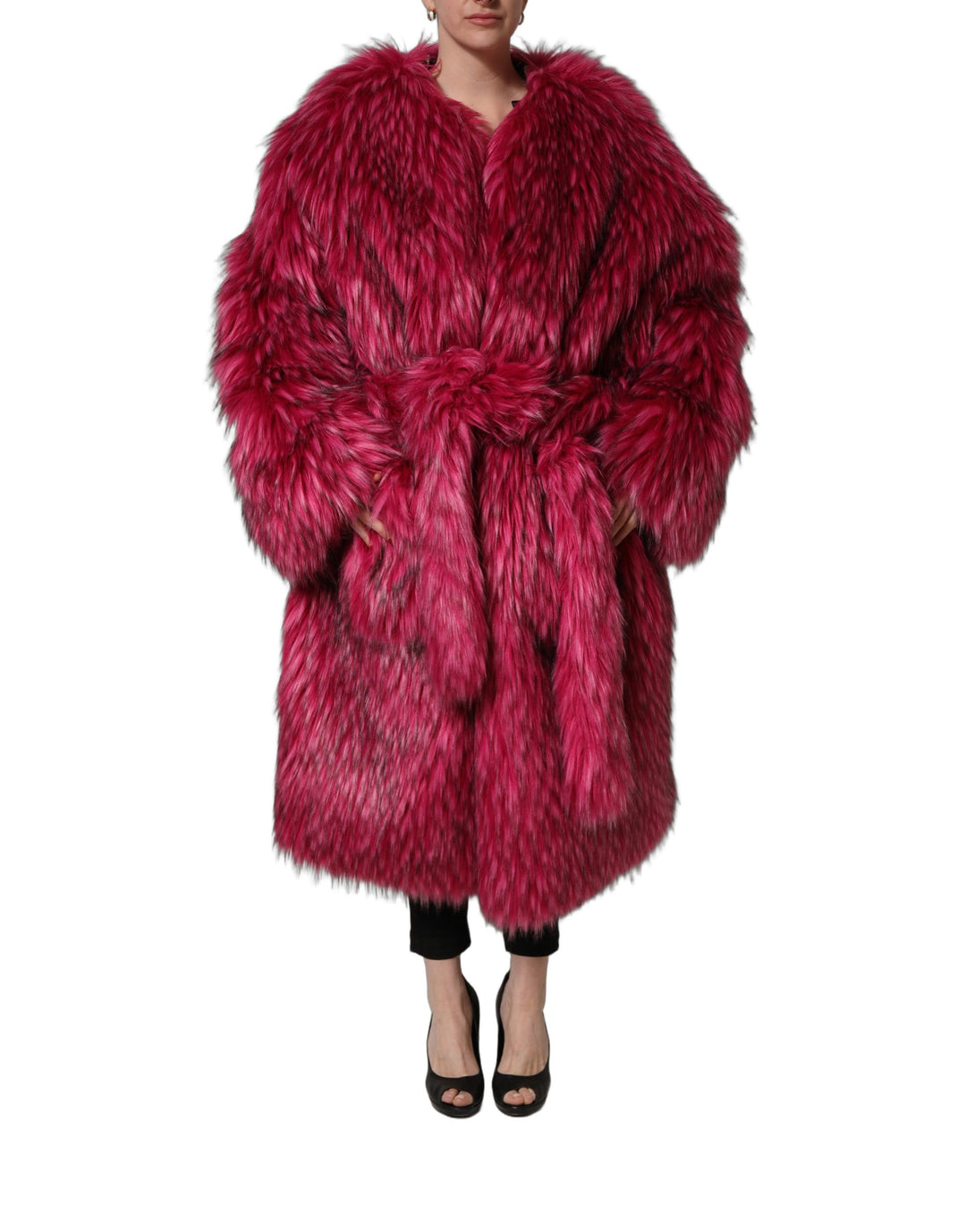 Dolce &amp; Gabbana Fuchsia Belted Faux-Fur Trench Coat Jacket