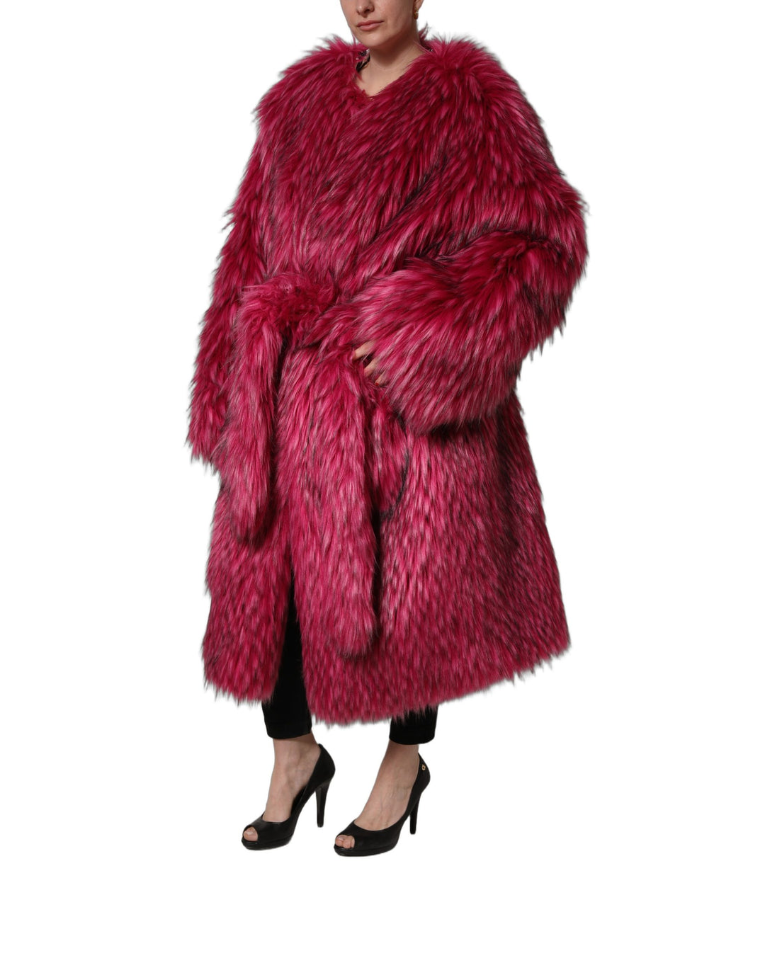 Dolce &amp; Gabbana Fuchsia Belted Faux-Fur Trench Coat Jacket