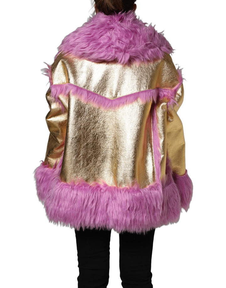 Dolce &amp; Gabbana Pink Plush Faux Fur Gold Leather Coat Jacket