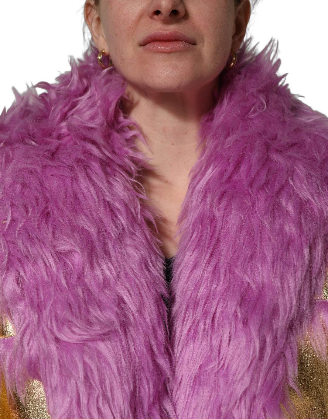 Dolce &amp; Gabbana Pink Plush Faux Fur Gold Leather Coat Jacket