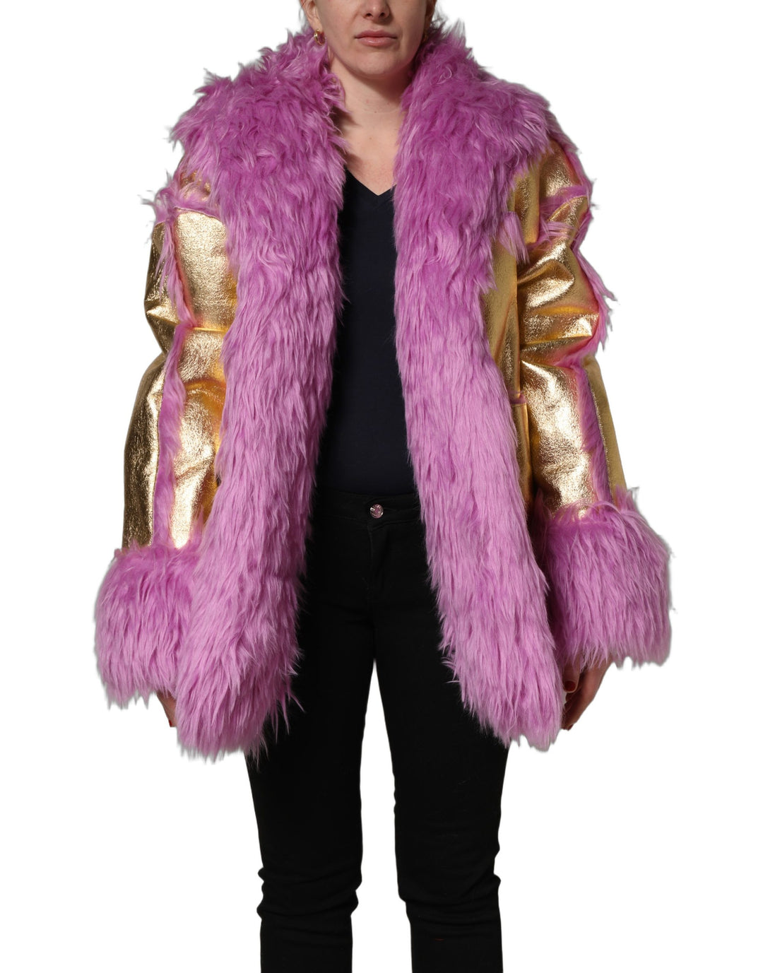Dolce &amp; Gabbana Pink Plush Faux Fur Gold Leather Coat Jacket