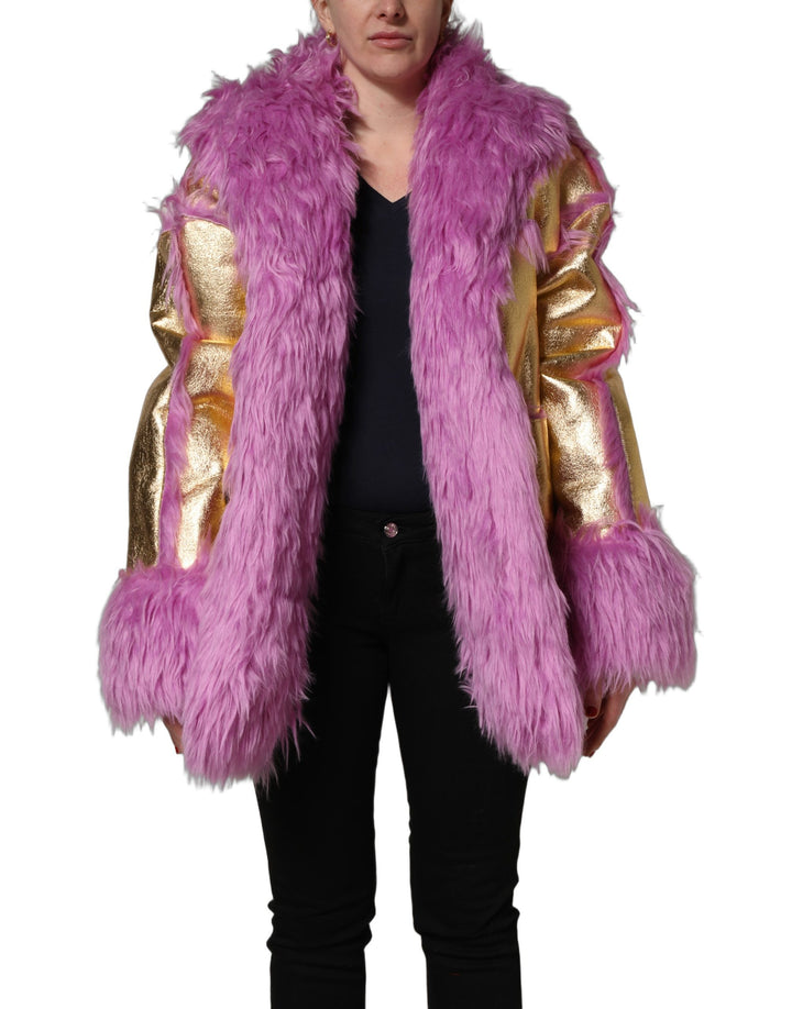 Dolce &amp; Gabbana Pink Plush Faux Fur Gold Leather Coat Jacket