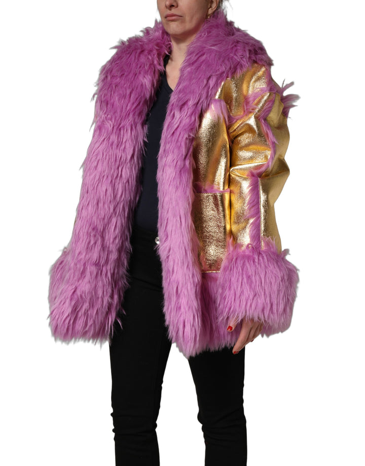 Dolce &amp; Gabbana Pink Plush Faux Fur Gold Leather Coat Jacket