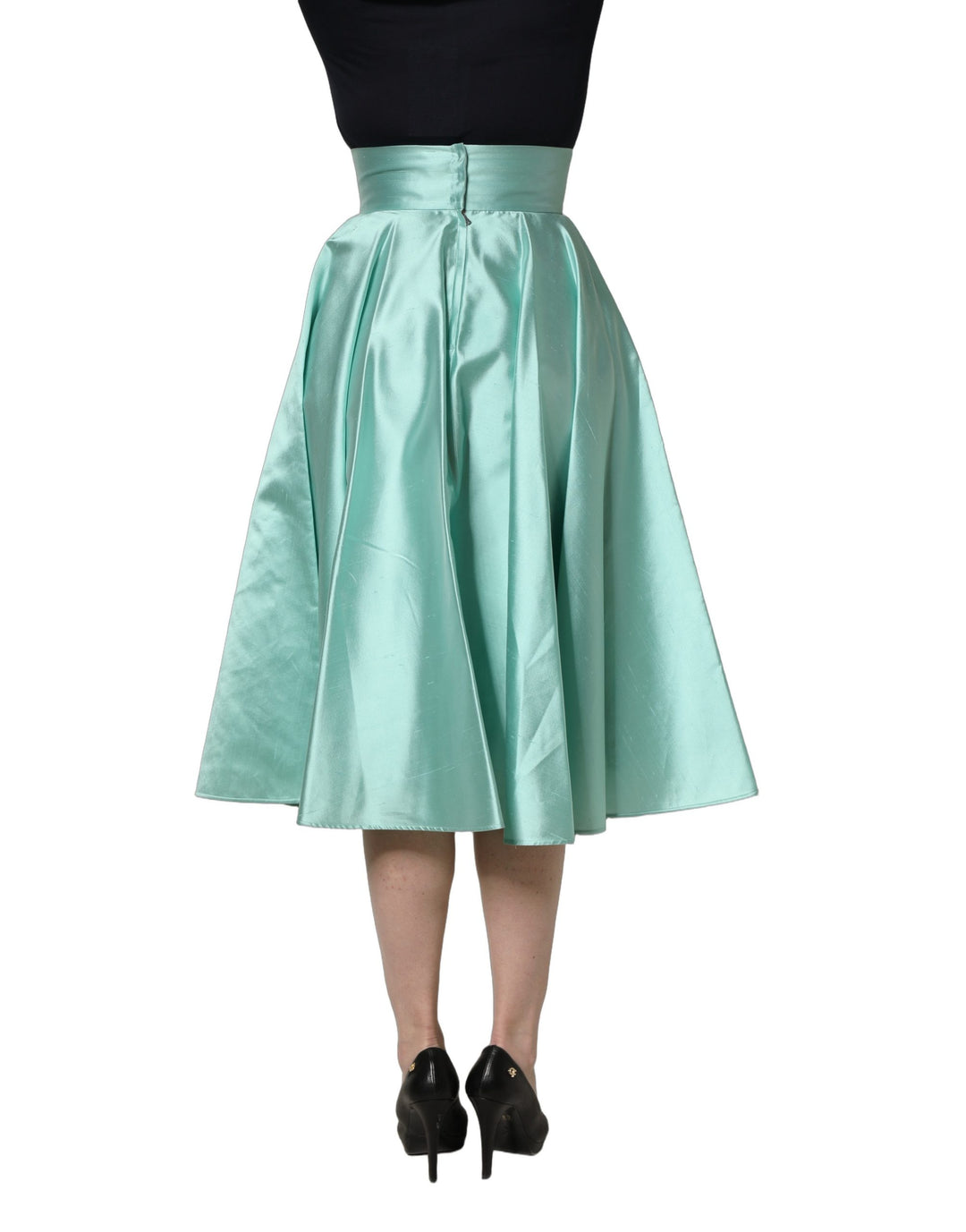 Dolce &amp; Gabbana Green Satin High-Waisted Pleated A-line Midi Skirt