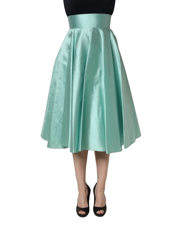 Dolce &amp; Gabbana Green Satin High-Waisted Pleated A-line Midi Skirt