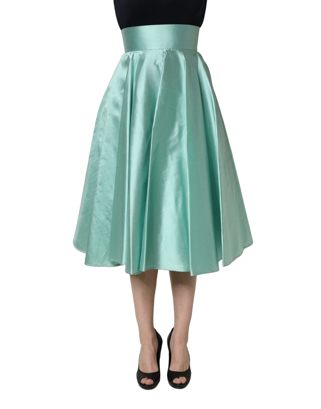 Dolce &amp; Gabbana Green Satin High-Waisted Pleated A-line Midi Skirt