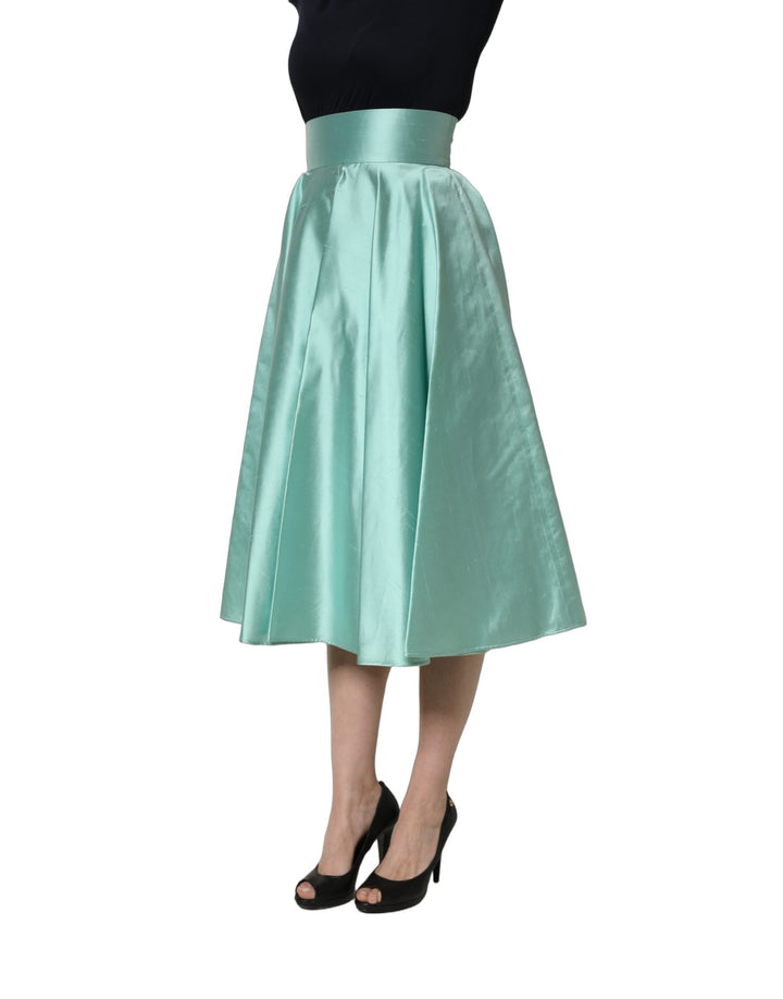 Dolce &amp; Gabbana Green Satin High-Waisted Pleated A-line Midi Skirt