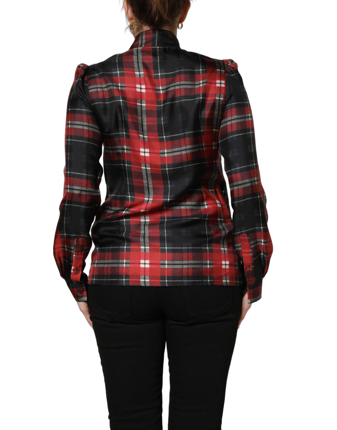 Dolce &amp; Gabbana Red Black Plaid Silk Tie-Neck Blouse Top