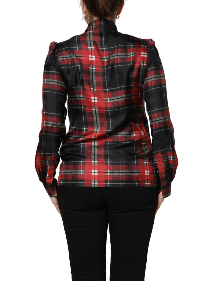 Dolce &amp; Gabbana Red Black Plaid Silk Tie-Neck Blouse Top