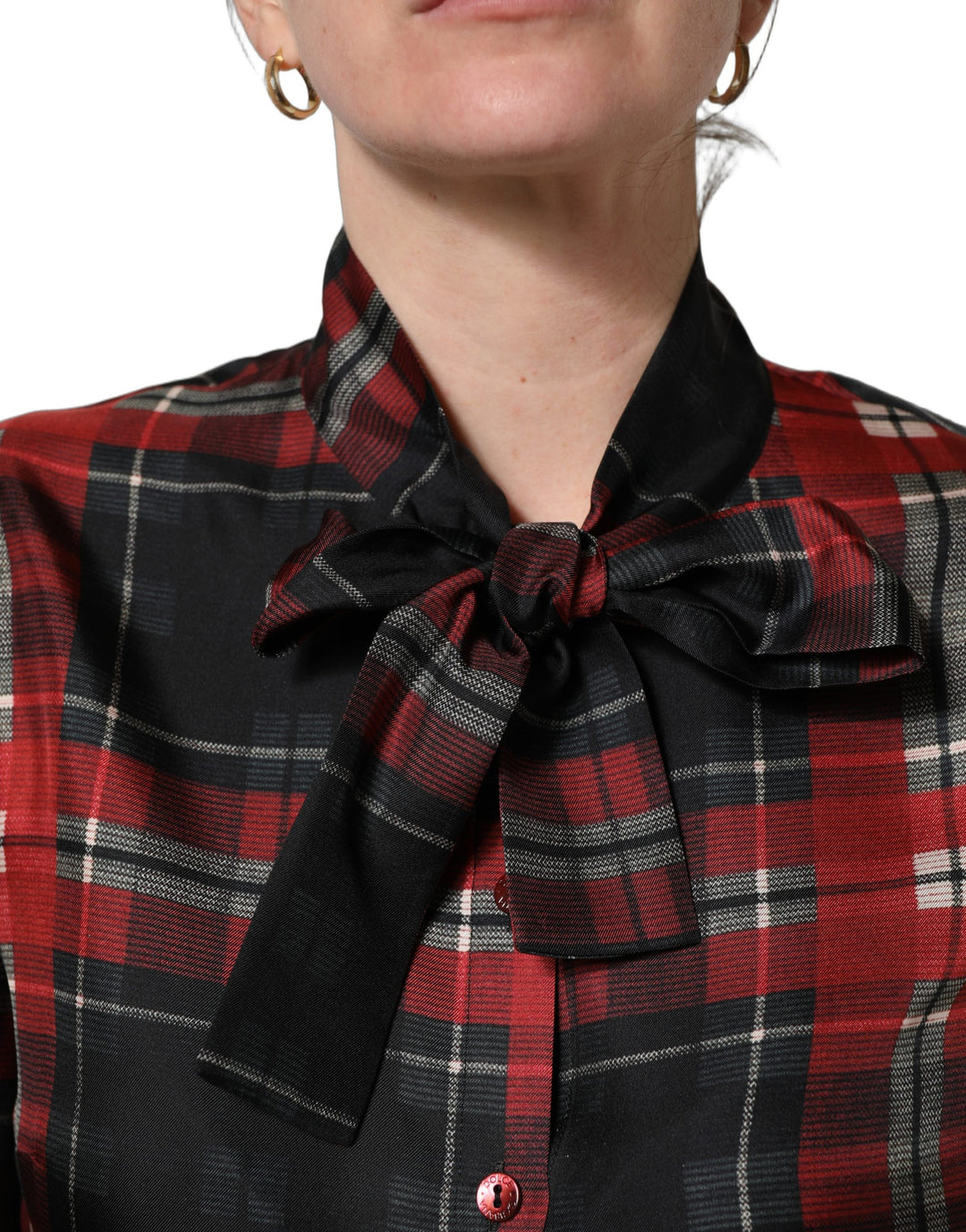 Dolce &amp; Gabbana Red Black Plaid Silk Tie-Neck Blouse Top