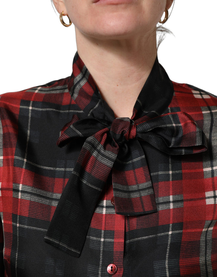 Dolce &amp; Gabbana Red Black Plaid Silk Tie-Neck Blouse Top