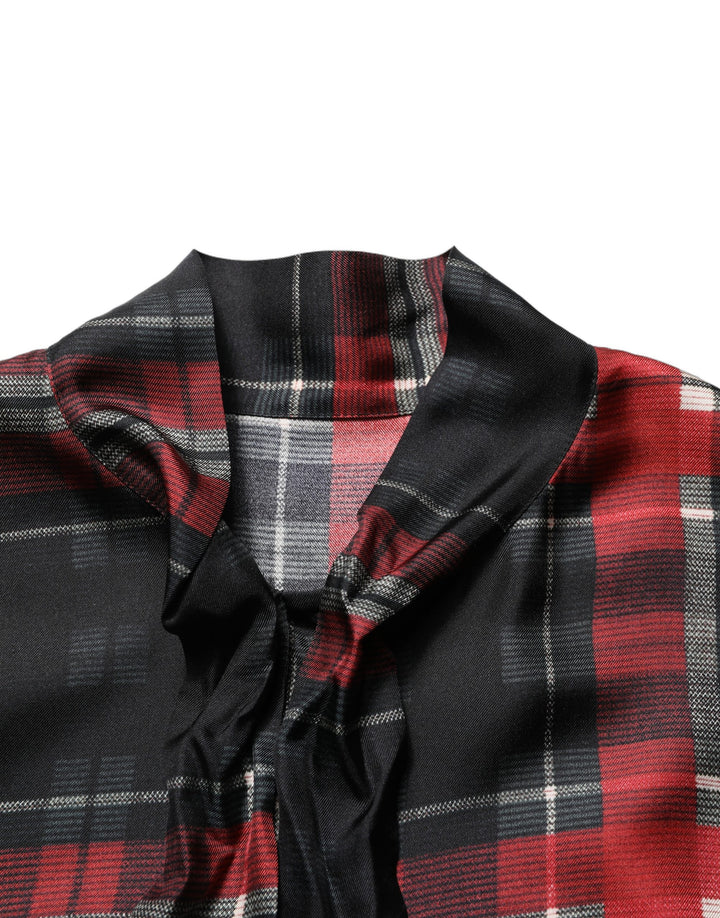 Dolce &amp; Gabbana Red Black Plaid Silk Tie-Neck Blouse Top