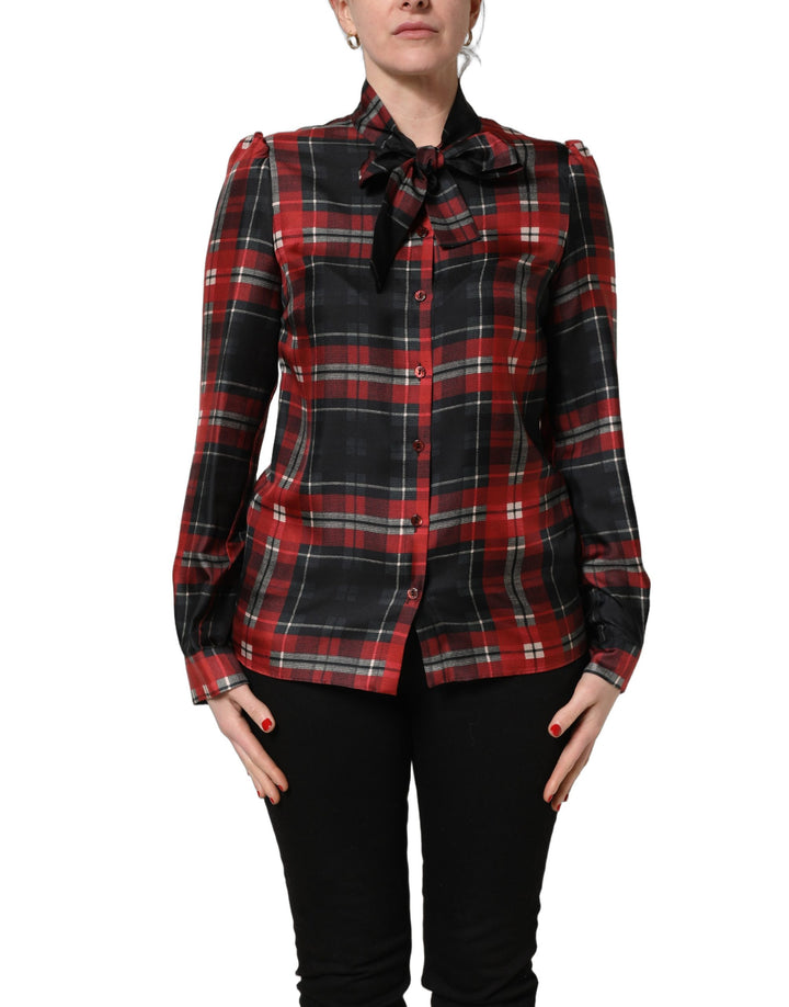 Dolce &amp; Gabbana Red Black Plaid Silk Tie-Neck Blouse Top