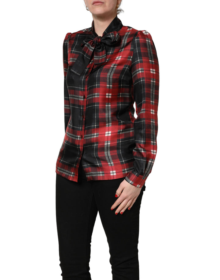 Dolce &amp; Gabbana Red Black Plaid Silk Tie-Neck Blouse Top