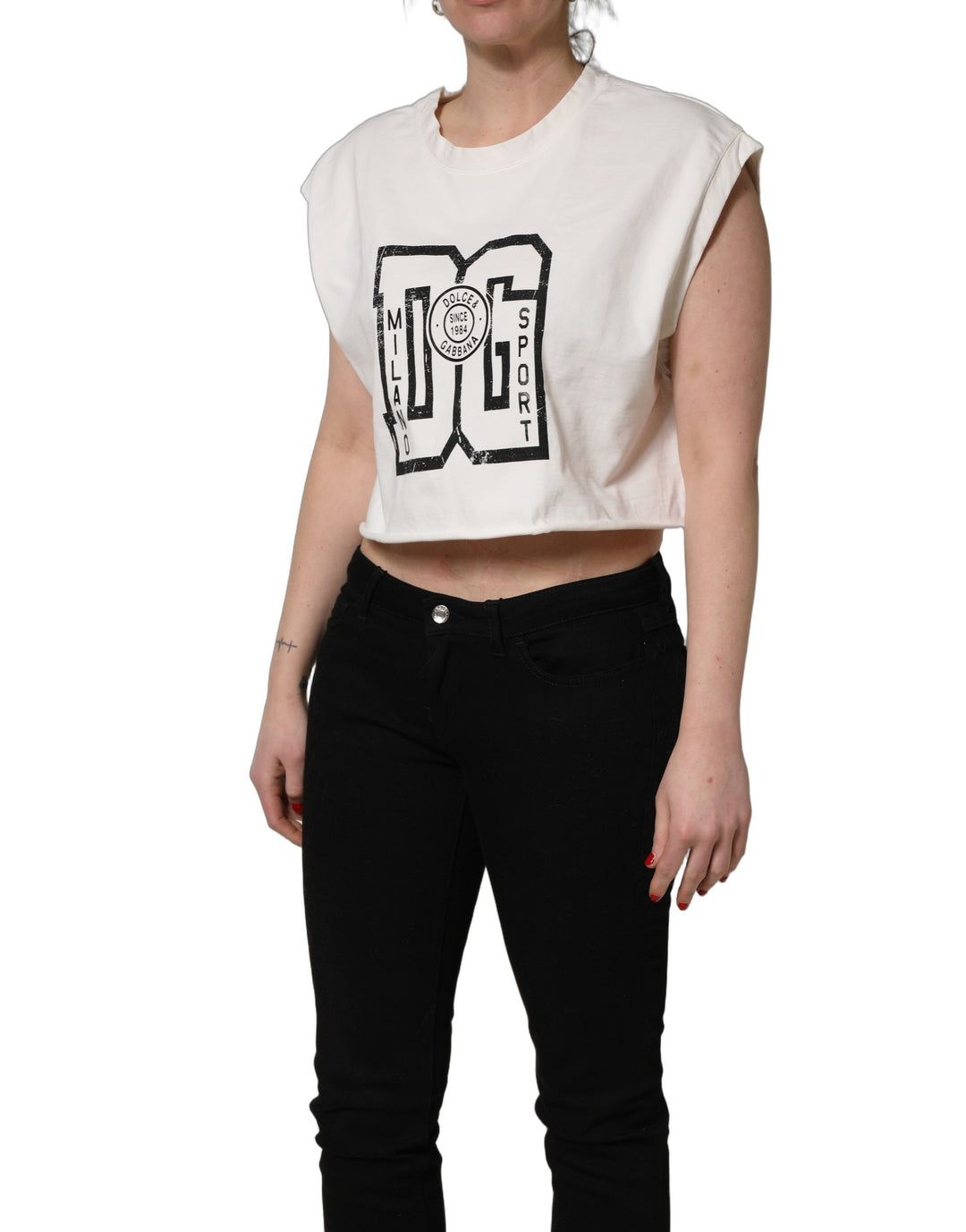 Dolce &amp; Gabbana White Cotton DG Logo Print Cropped Jersey Top