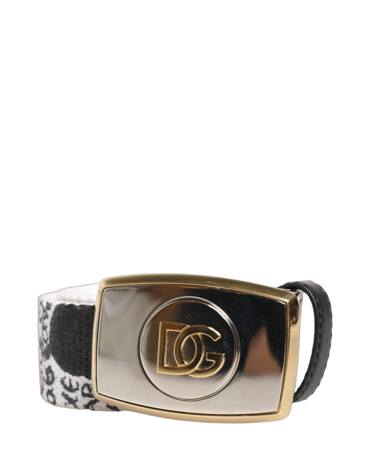 Dolce &amp; Gabbana White Graffiti Print Gold Metal Buckle Belt