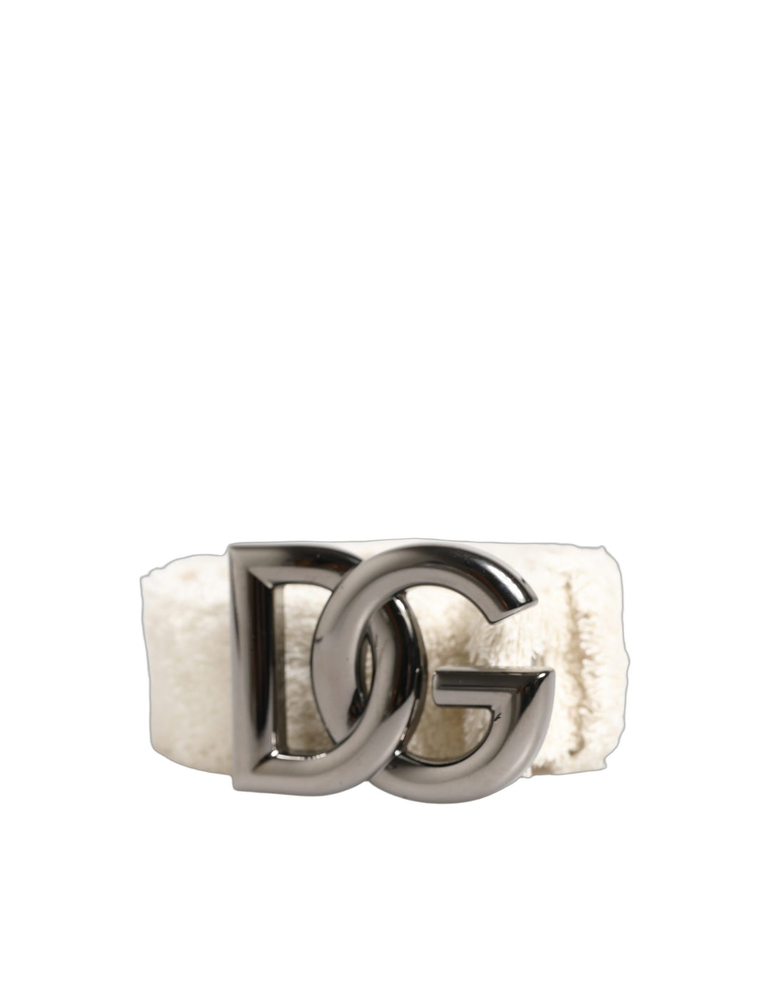 Dolce &amp; Gabbana White Cotton Fleece DG Logo Metal Buckle Belt