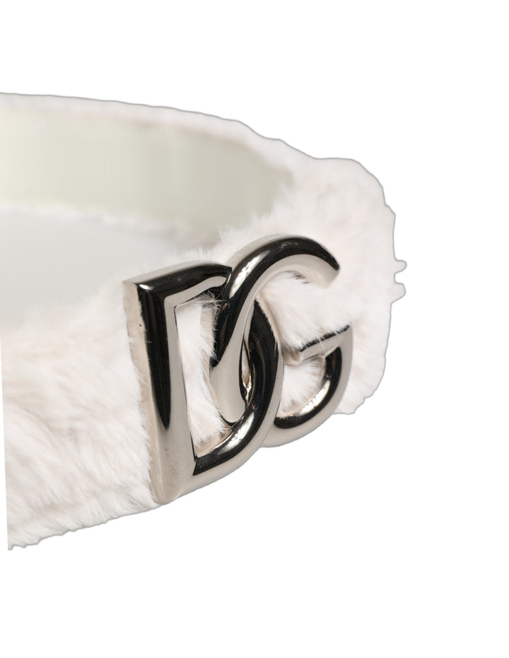 Dolce &amp; Gabbana White Fleece Silver DG Logo Metal Buckle Belt