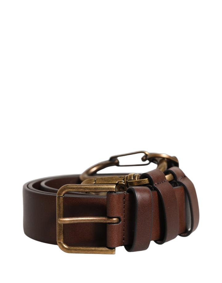 Dolce &amp; Gabbana Brown Calfskin Leather Gold Metal Buckle Belt