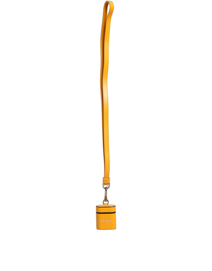 Dolce &amp; Gabbana Case Yellow Calf Leather Logo Flip Holder Strap Airpods