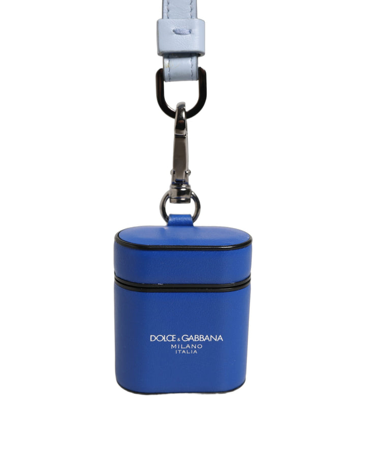 Dolce &amp; Gabbana Case Blue Calf Leather Logo Flip Holder Strap Airpods