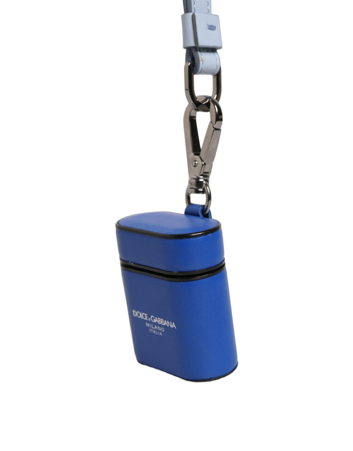 Dolce &amp; Gabbana Case Blue Calf Leather Logo Flip Holder Strap Airpods