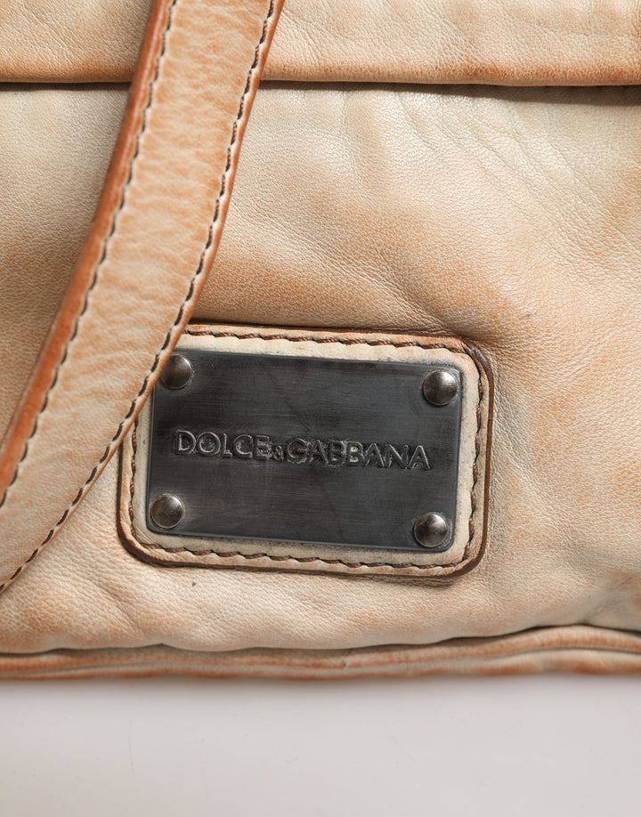 Dolce &amp; Gabbana Beige Vintage Leather Logo Plaque Shoulder Borse Men Bag