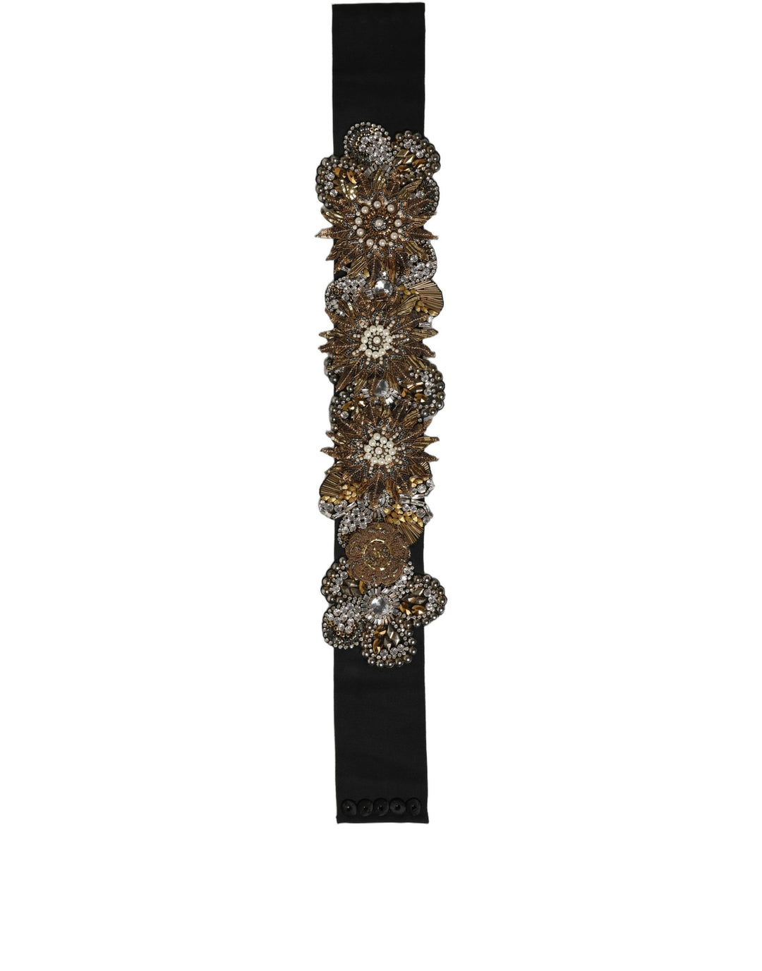 Dolce &amp; Gabbana Black Gold Tone Crystal Brass Flower Brooches Belt