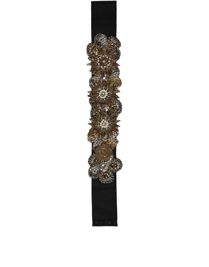 Dolce &amp; Gabbana Black Gold Tone Crystal Brass Flower Brooches Belt