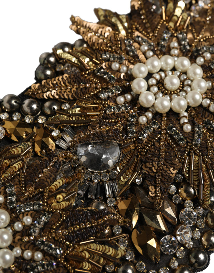 Dolce &amp; Gabbana Black Gold Tone Crystal Brass Flower Brooches Belt