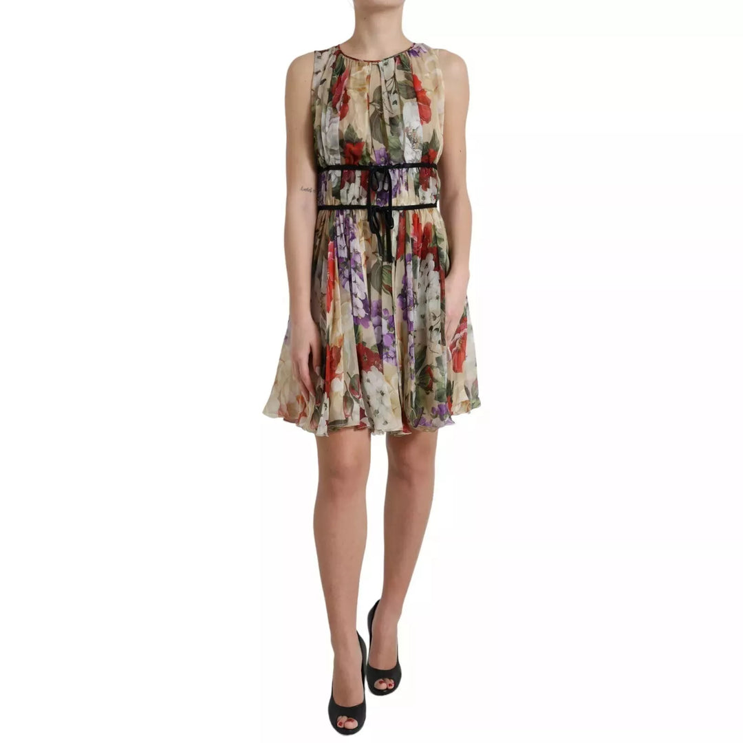 Dolce &amp; Gabbana Beige Floral Sleeveless A-line Mini Dress