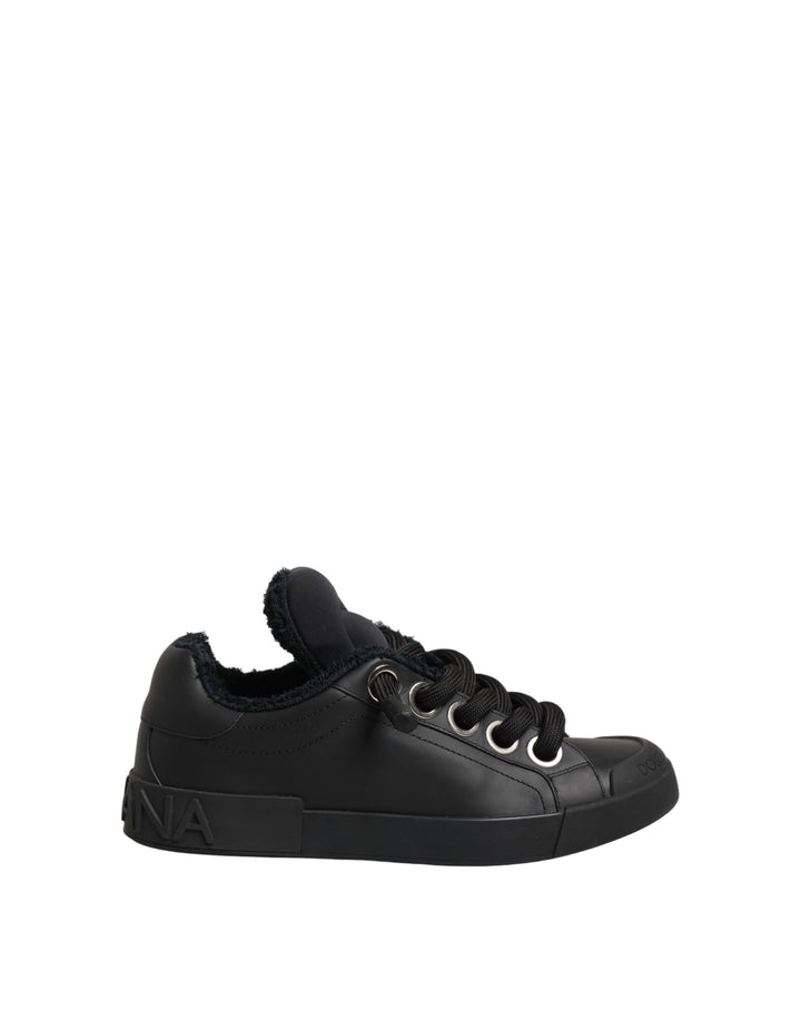 Dolce &amp; Gabbana Black Leather Low Top Portofino Sneakers Shoes