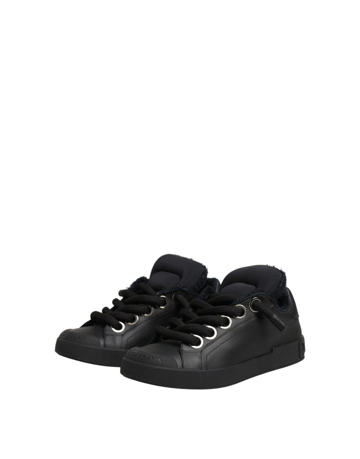 Dolce &amp; Gabbana Black Leather Low Top Portofino Sneakers Shoes