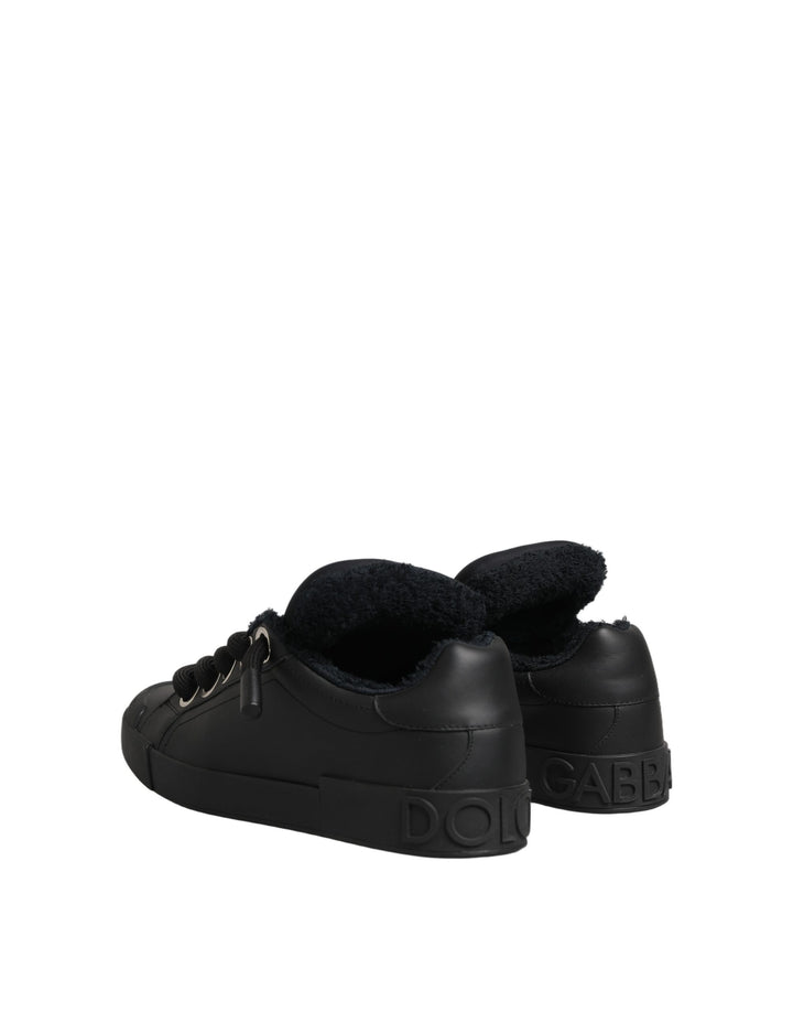 Dolce &amp; Gabbana Black Leather Low Top Portofino Sneakers Shoes