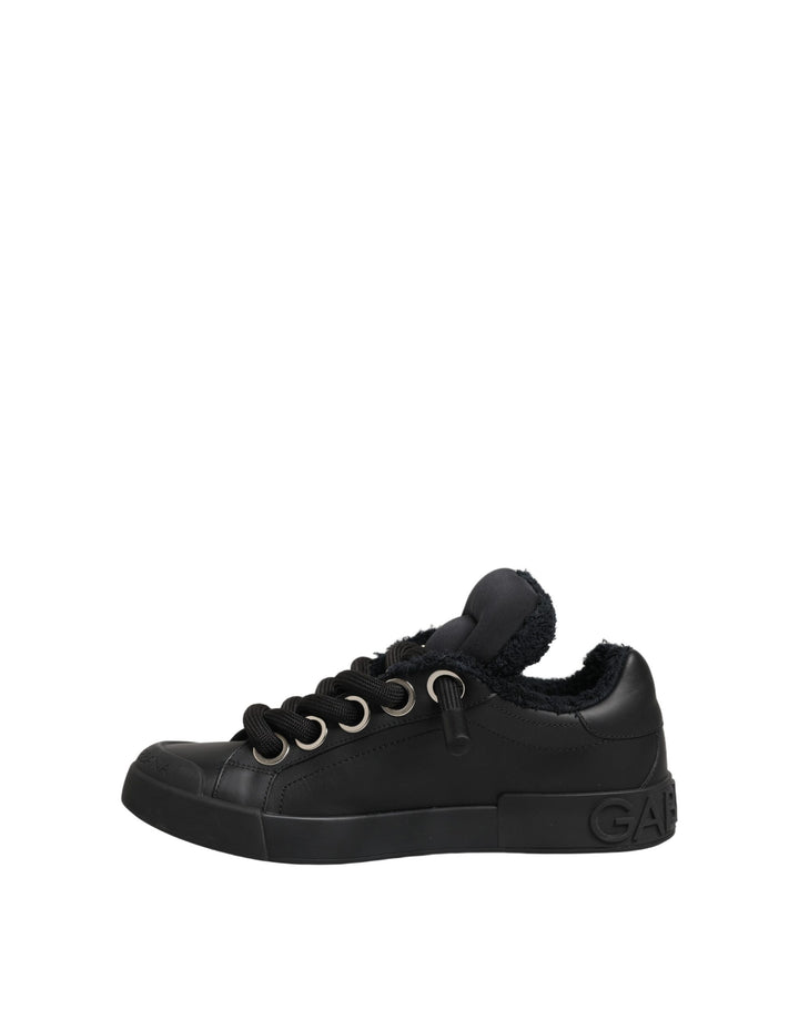 Dolce &amp; Gabbana Black Leather Low Top Portofino Sneakers Shoes