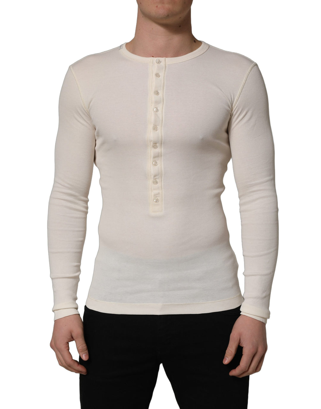 Dolce &amp; Gabbana White Long Sleeves Henley Pullover Sweater