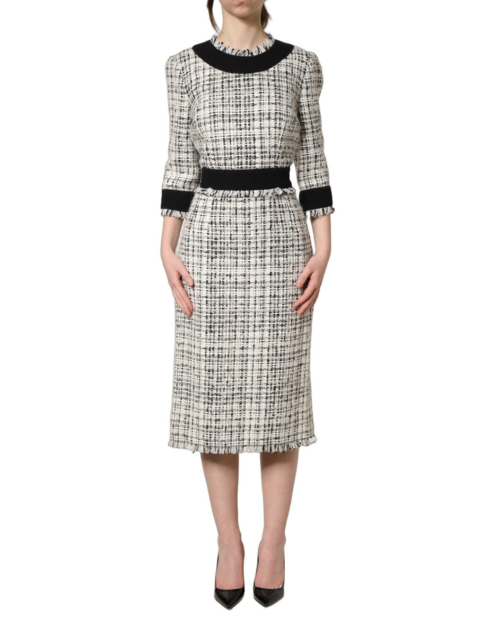 Dolce &amp; Gabbana Black White Tweed Sheath A-line Midi Dress