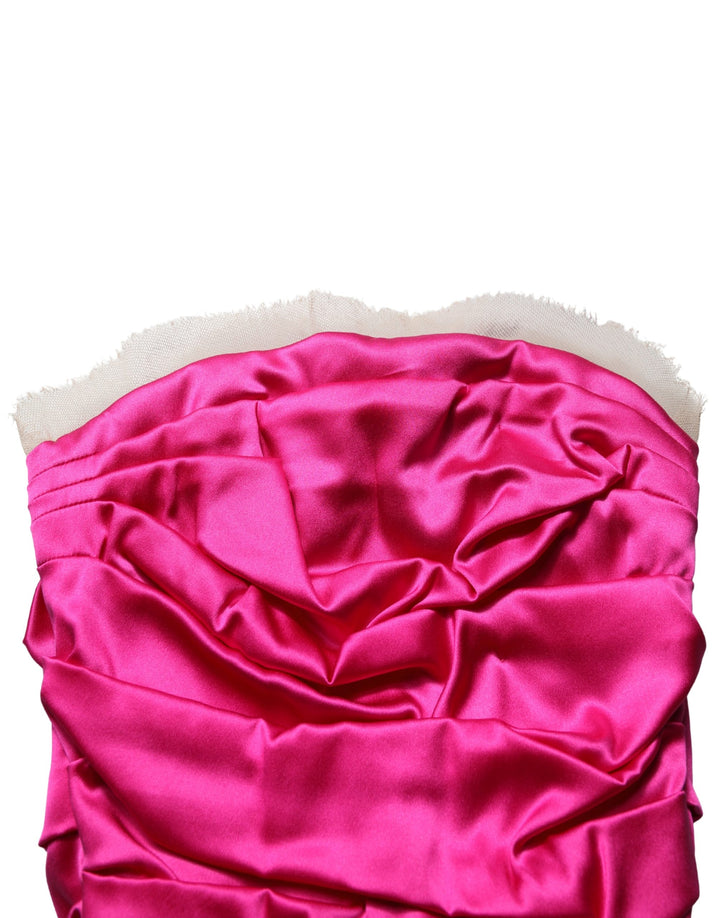 Dolce &amp; Gabbana Hot Pink Ruched Satin Strapless Gown Dress