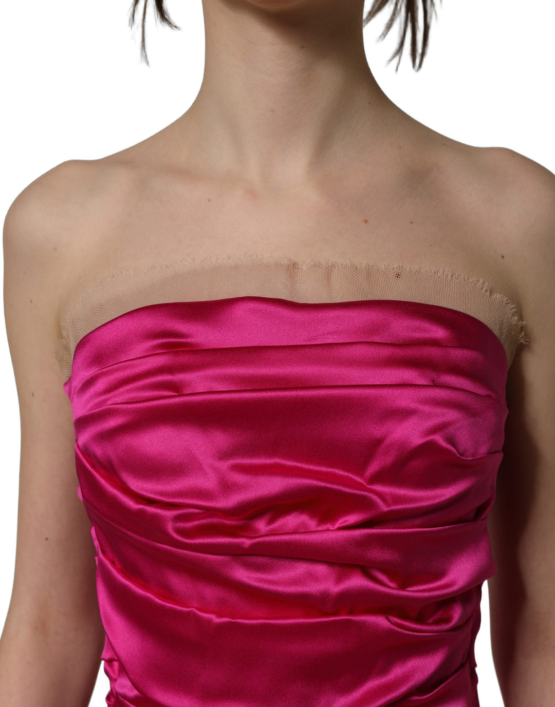 Dolce &amp; Gabbana Hot Pink Ruched Satin Strapless Gown Dress