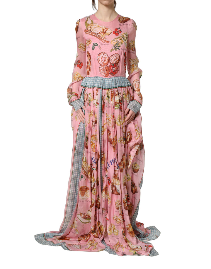 Dolce &amp; Gabbana Light Pink Bread Print Pleated Maxi Dress