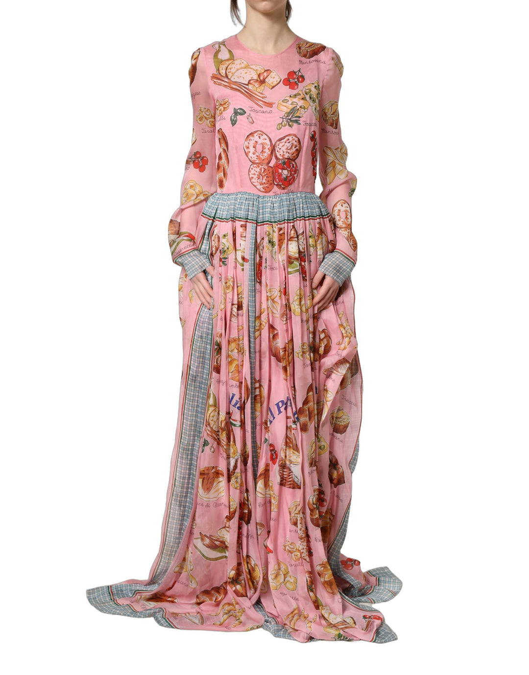 Dolce &amp; Gabbana Light Pink Bread Print Pleated Maxi Dress