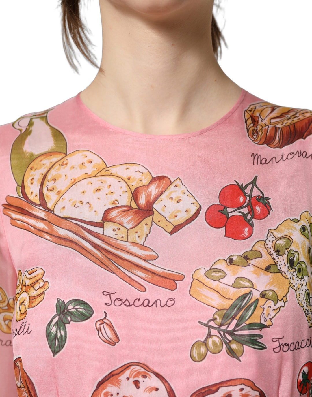 Dolce &amp; Gabbana Light Pink Bread Print Pleated Maxi Dress