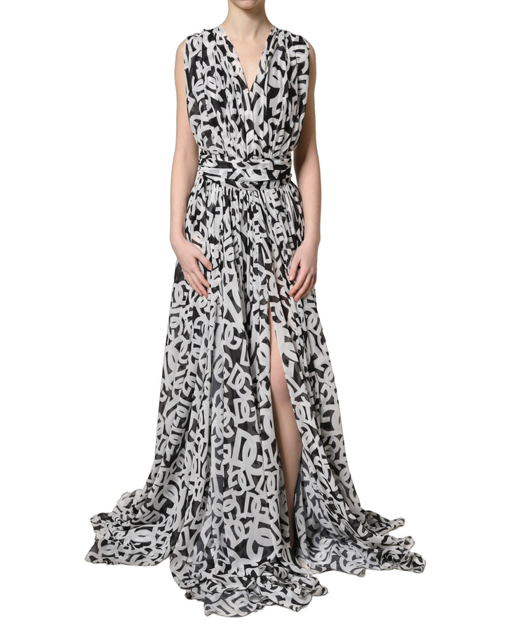 Dolce &amp; Gabbana Black White Logo Sleeveless Floor Length Maxi Dress