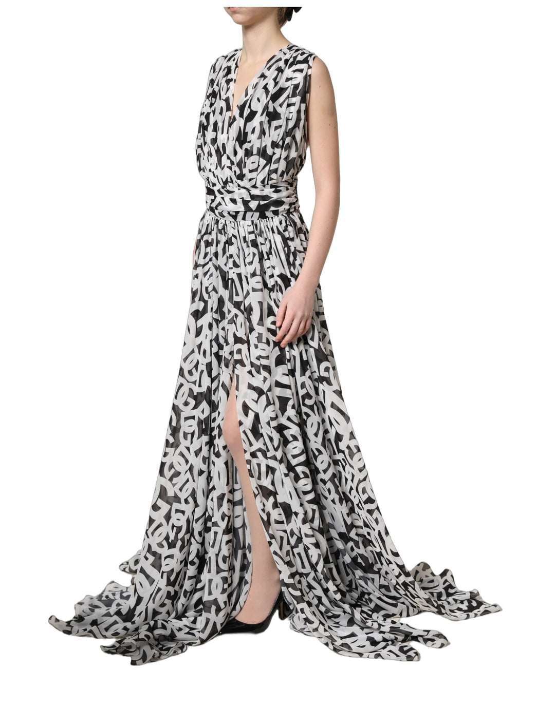 Dolce &amp; Gabbana Black White Logo Sleeveless Floor Length Maxi Dress
