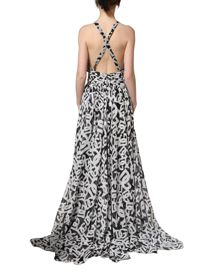 Dolce &amp; Gabbana Black White Logo Sleeveless Floor Length Maxi Dress