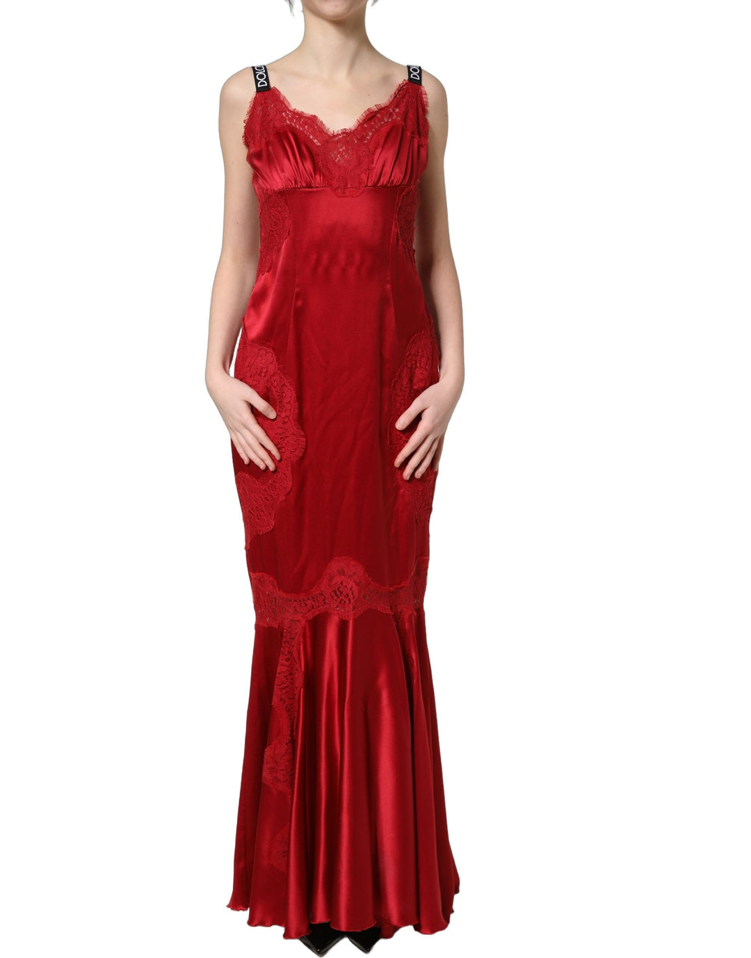 Dolce &amp; Gabbana Red Silk Sleeveless Maxi Long Lace Trim Dress