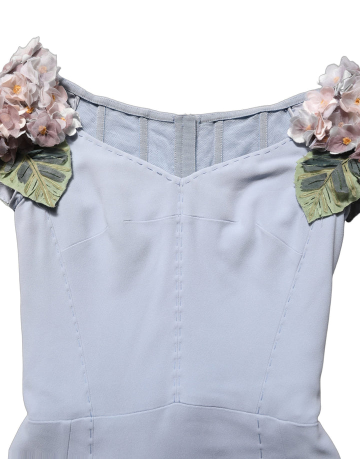 Dolce &amp; Gabbana Light Blue Hydrangea Embellished Cap Sleeve Dress
