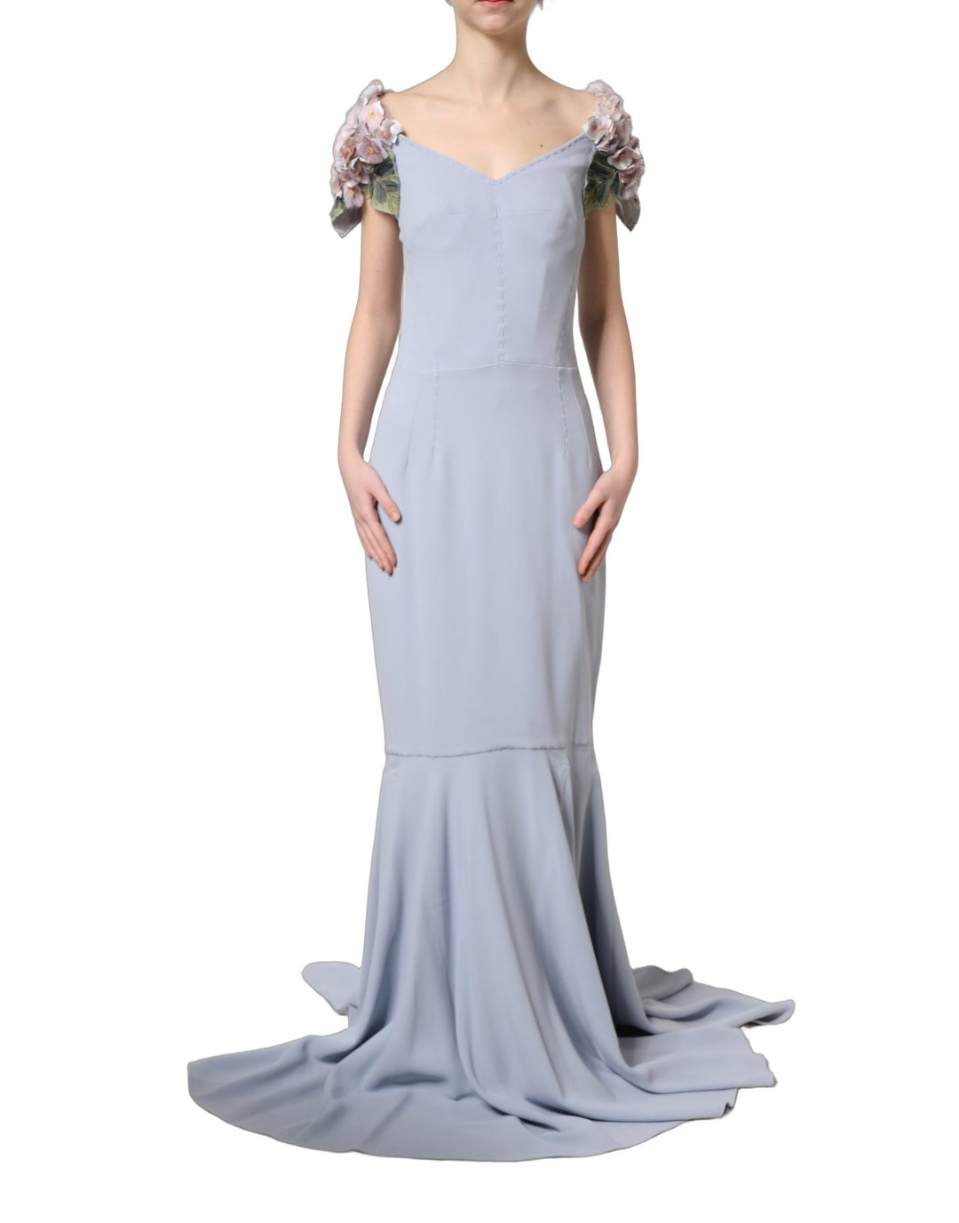 Dolce &amp; Gabbana Light Blue Hydrangea Embellished Cap Sleeve Dress